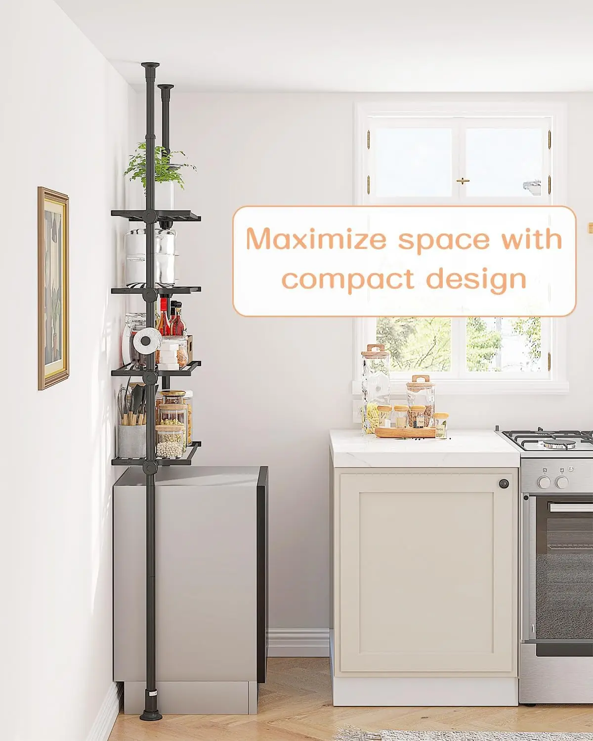 Adjustable Over Toilet Storage Shelf. 4-Tier. Tension Mounted. Fits 64-113" Heights. Black.