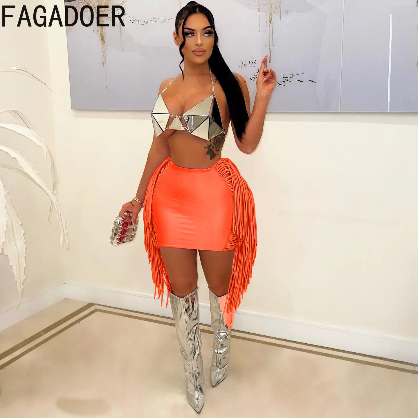 FAGADOER Sexy Tassel Bodycon Mini Skirts Party Club Outfits Women Fashion Chic Streetwear Short Birthday Holidays Skirt Solid - Image 4