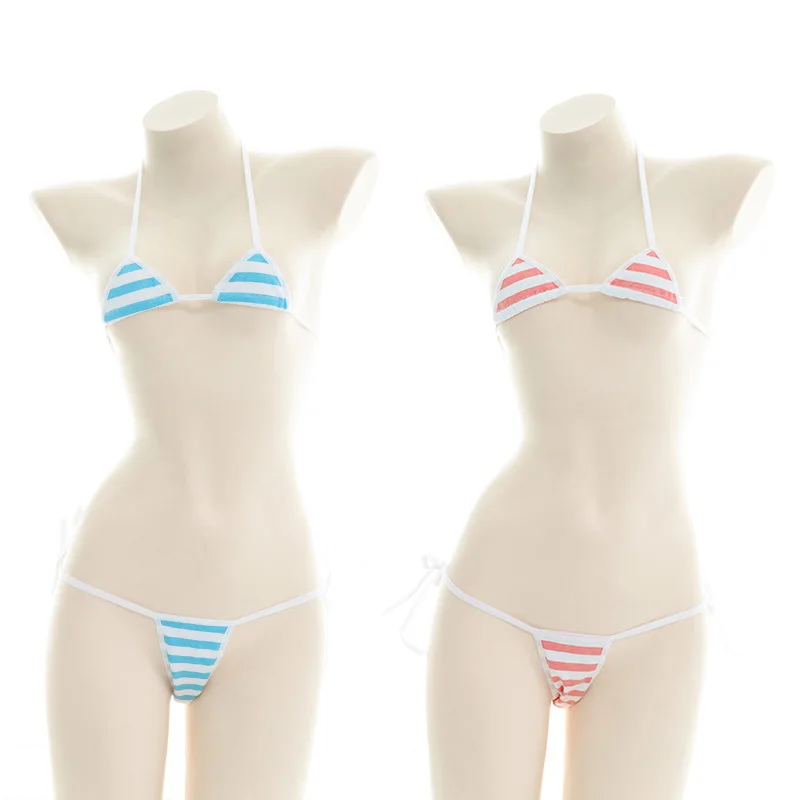 Sexy Bikini Set Women Underwear Pink Blue Stripe Cute Lingerie Micro Bikinis Swimwear Japanese Schoolgirl Anime Cosplay_voghion.com