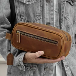 Luxurious Top - Grain Leather Men's Handbag | Vintage Minimalist Toiletry & Storage Pouch (Brown)