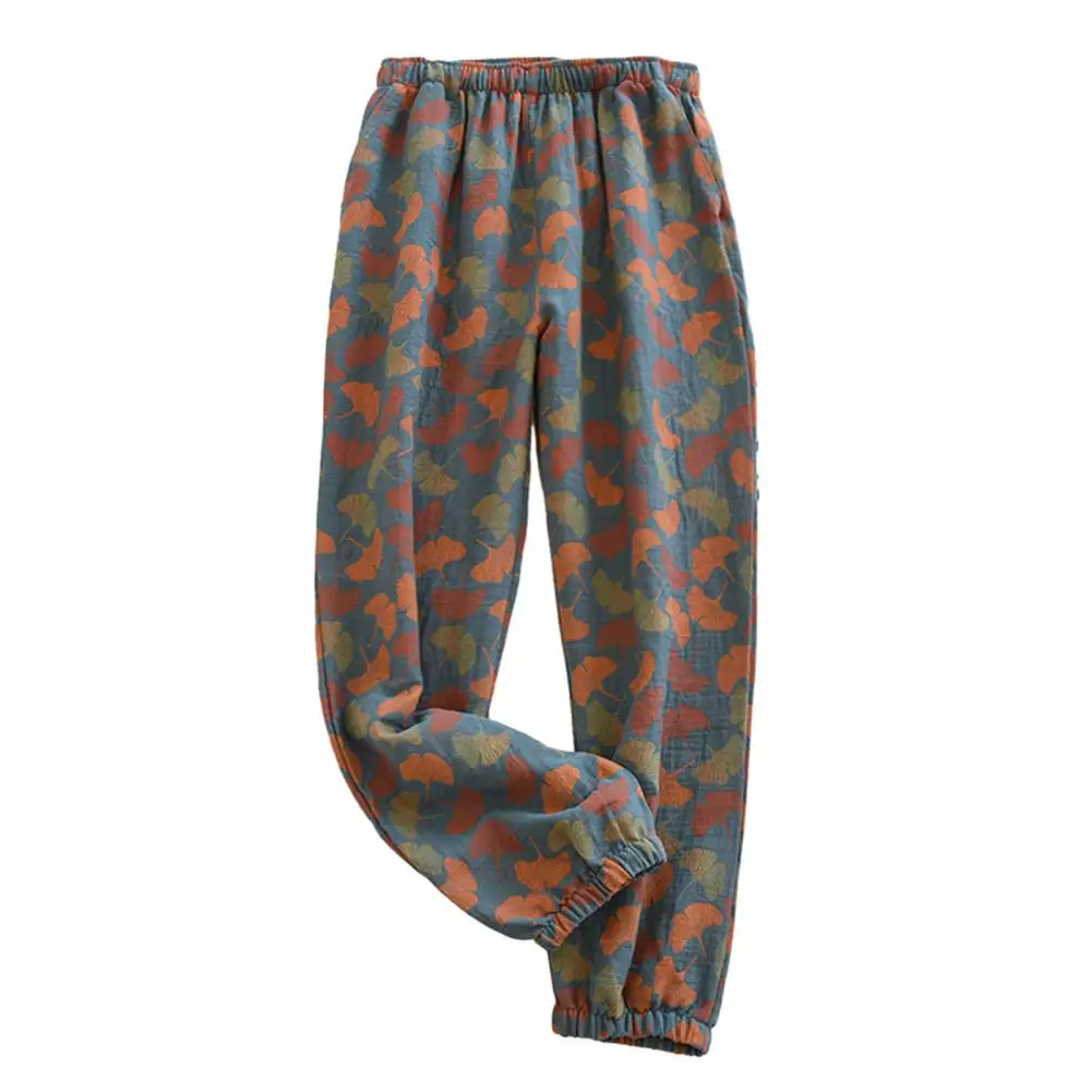 

Women Pants Pockets Korean Style Pajama Pants Loose Shrinkable Cuffs Print Loose Sleeping Pants