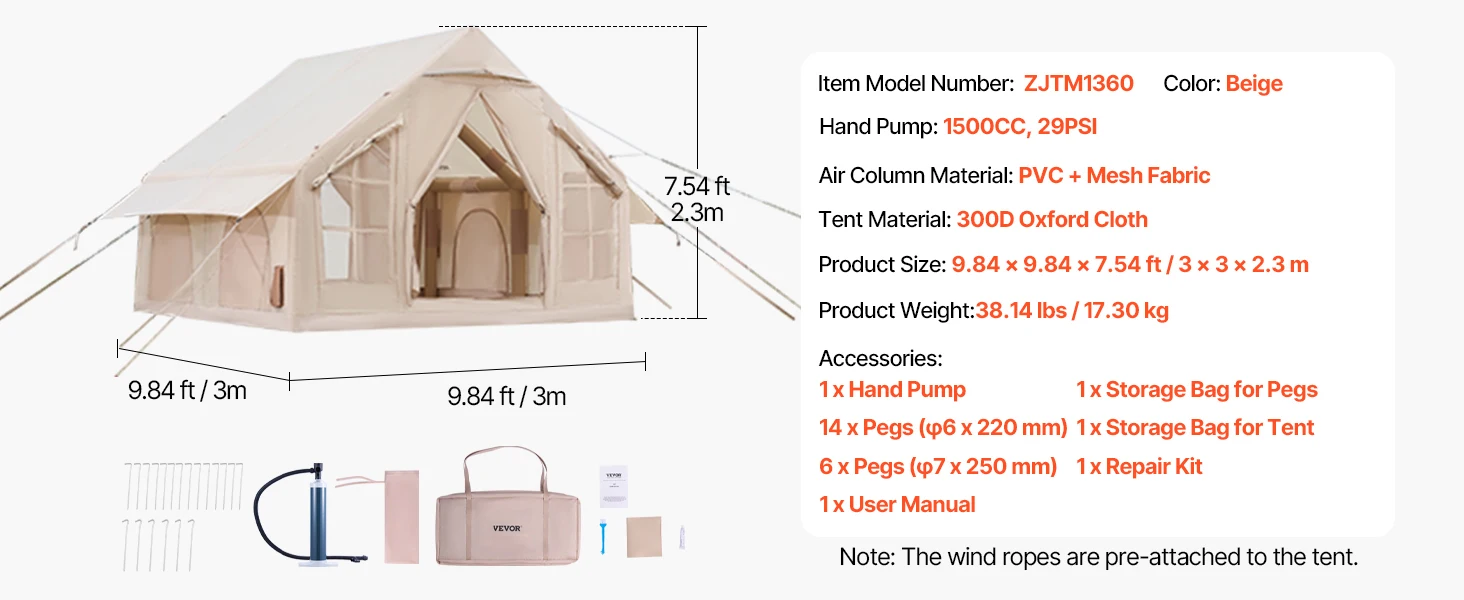 SucceBuy Inflatable Tents for Camp Easy Setup Blow up Tent with Hand Pump 300D Oxford Tent with Stove Jack Storage Bag Included