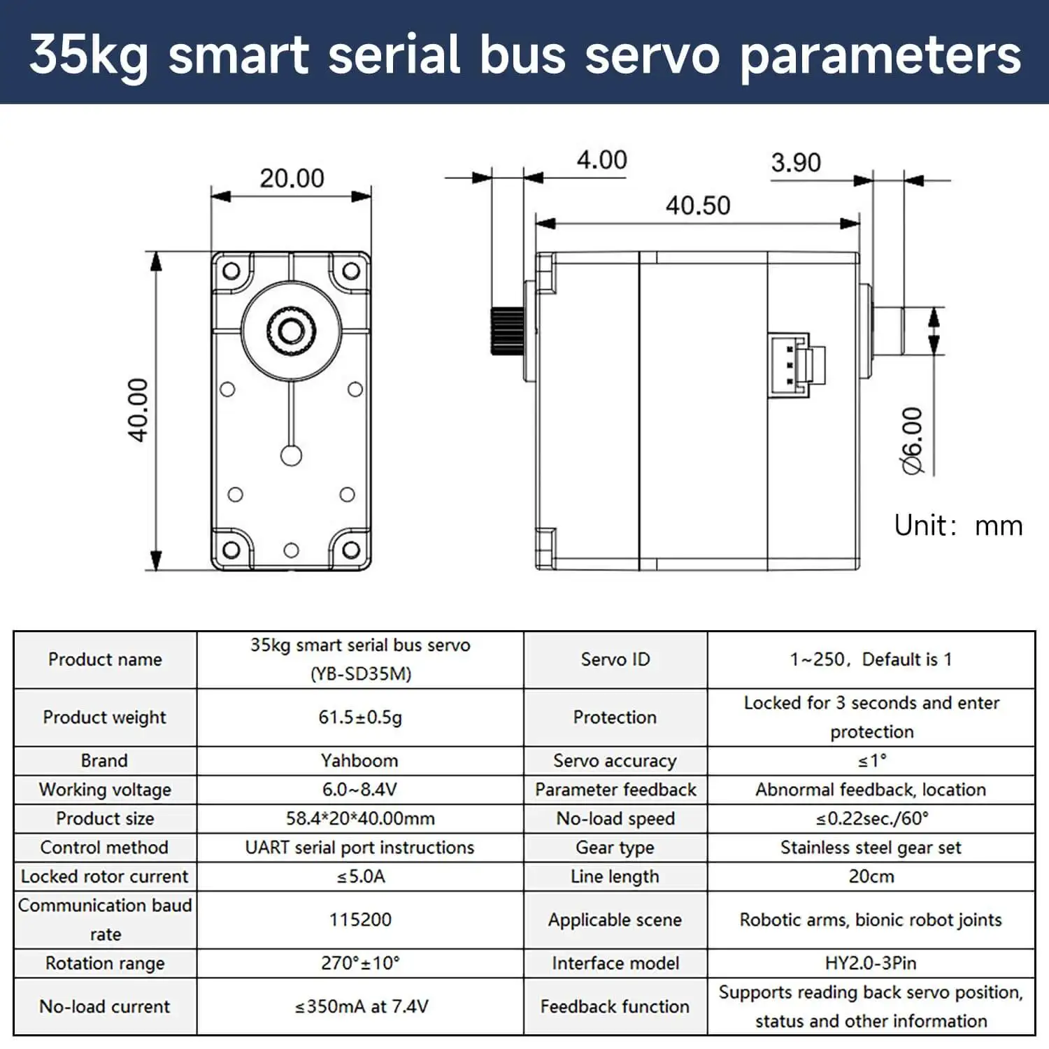 Angle de vue latéral du servo numérique 35kg 270° montrant les ailettes de dissipation