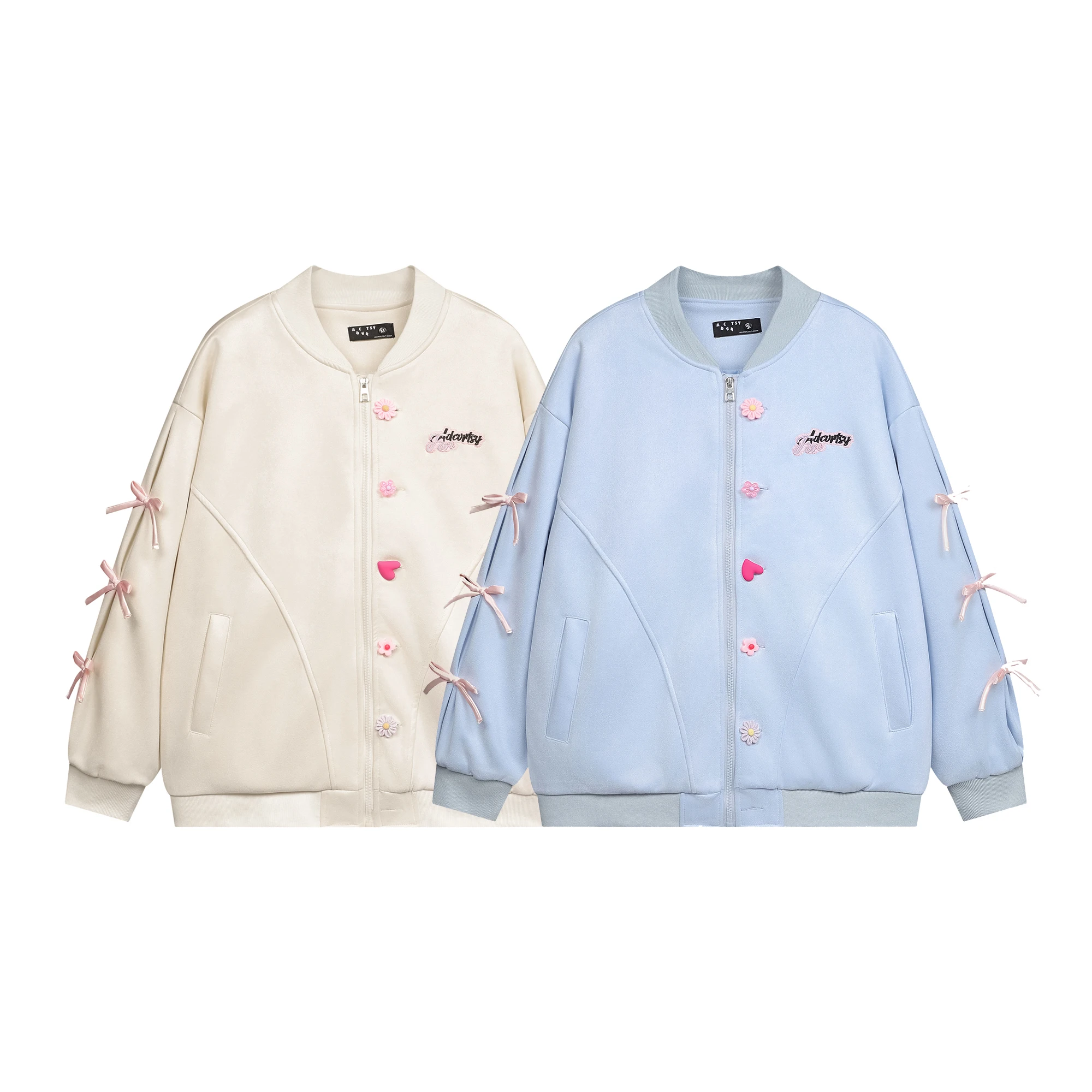 

Zipper Colorful Flower Button Bow Suede Velvet Baseball Jacket Men Women High Quality Solid Windproof Waterproof Pilot Versity