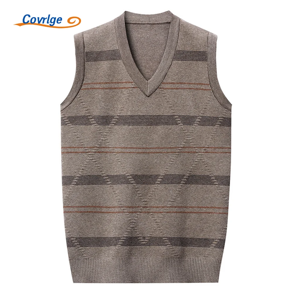 

Covrlge Men's Vest Thickened Business V Neck Autumn Sleeveless Knitted Vest Jacquard Yarn-dyed Casual Line Waistcoat Male MZB009