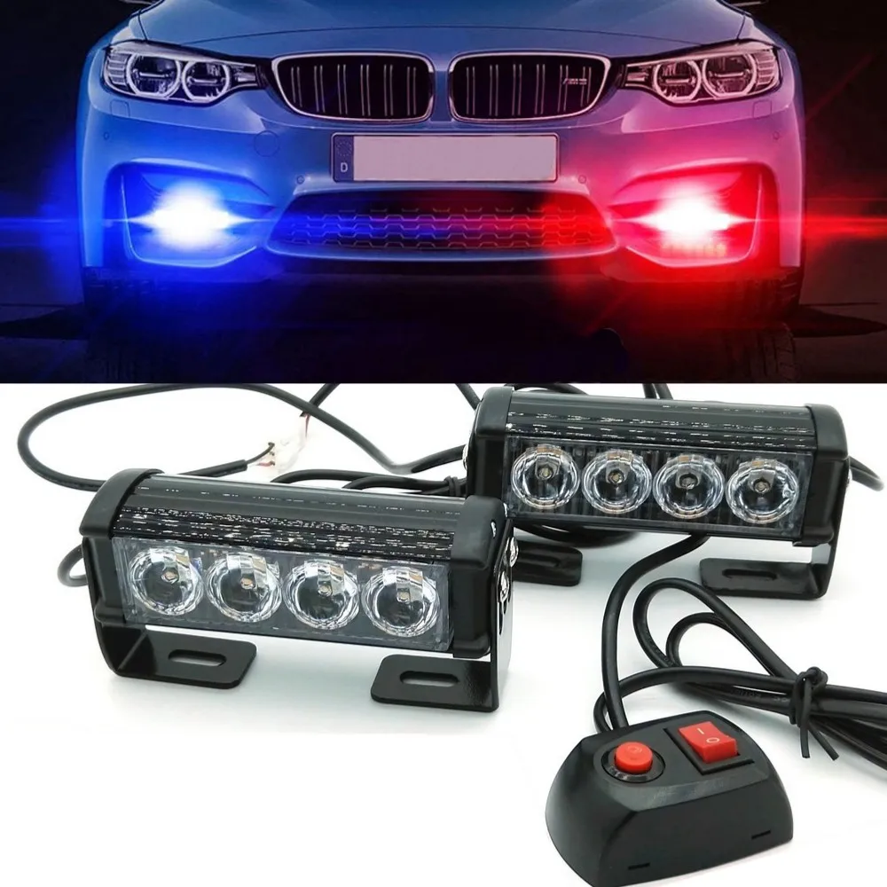 

2x 4 led Car grill styling light grille Auxiliary lamp drl daytime running light Police flashing signal light Fso warning led