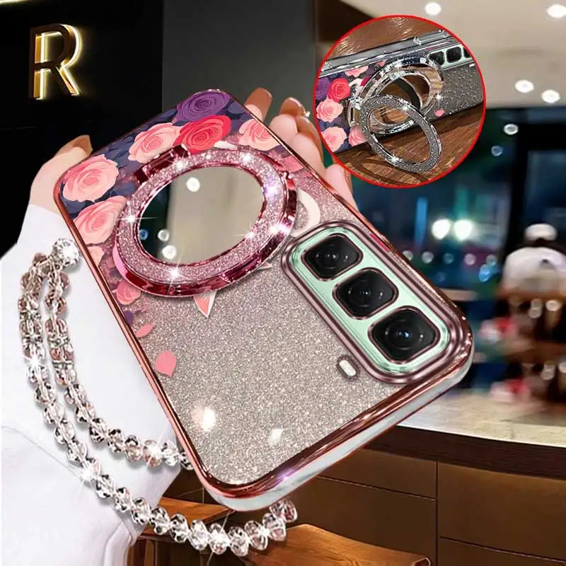 3-Piece Pink Rose Phone Case Set with Lanyard and Stand