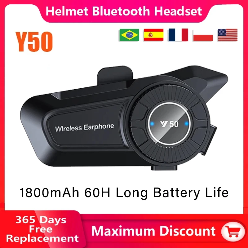Y50 Motorcycle Helmet Bluetooth Headset 1800mAh 60H Long Battery Life IPX6 Waterproof Anti-Freezing Music Player Earphone