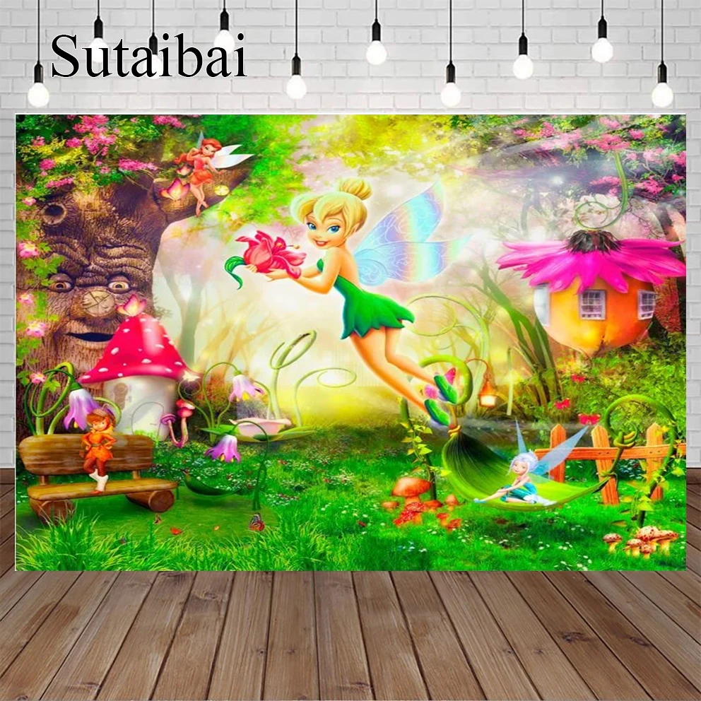 Tinkerbell Fondale Disney Princess Elf Birthday Party Fotografia Sfondi Fata Foto Green Forest Booth Puntelli Banner