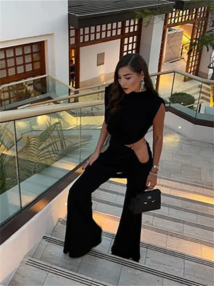 Wmstar Two Piece Set Women Sexy CropTop Flared Pants Sets Summer Clothes Outfits Draped Matching Sets Wholesale Dropshipping
