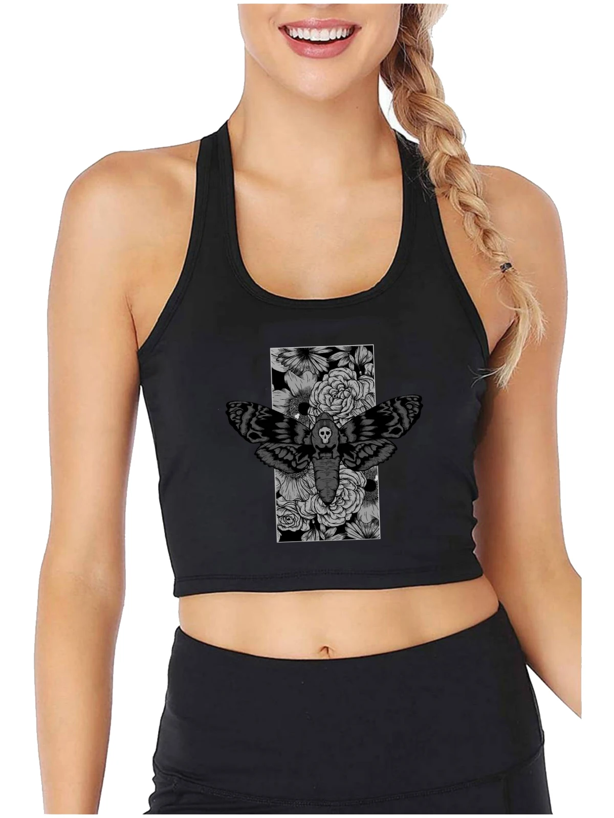 

Death Moth Graphics Sexy Slim Fit Crop Top Girl's Street Fashion Gothic Tank Tops Customizable Cotton Sports Fitness Camisole