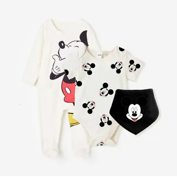 3Pcs/lot Spring Summer Baby Clothes Mickey Minnie Mouse Print Footed Romper + Short Sleeve Bodysuit + Bib Newborn Infant Gifts