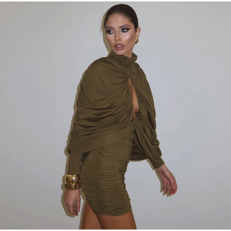 Damen Drapiertes Minikleid mit Stehkragen, Langen Ärmeln und Ausschnitten, Hüftbetontes Kleid 2026, Frühling Casual Täglich Party Vestidos – Detail 9