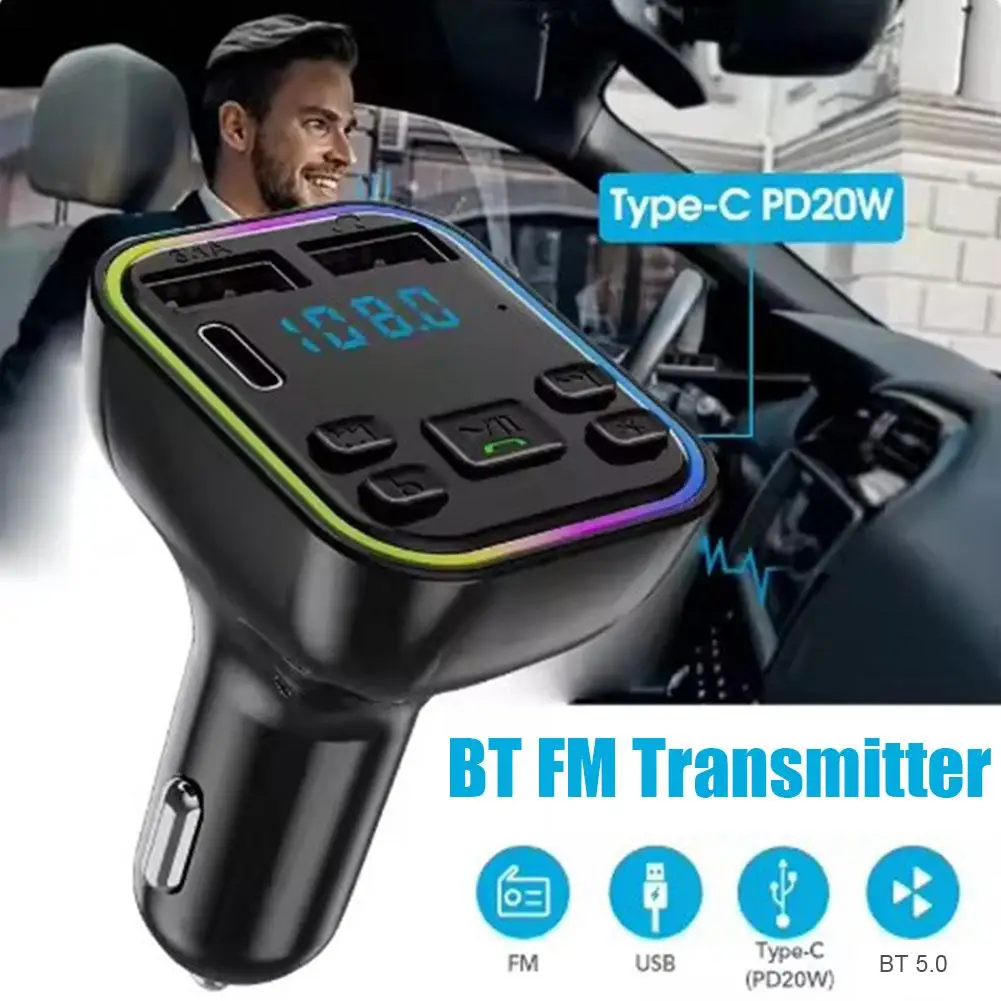 

Car Bluetooth 5.0 FM Transmitter PD Type-C Dual USB Handsfree Charger 3.1A Light Ambient Colorful MP3 New Player Modulator W1Z9