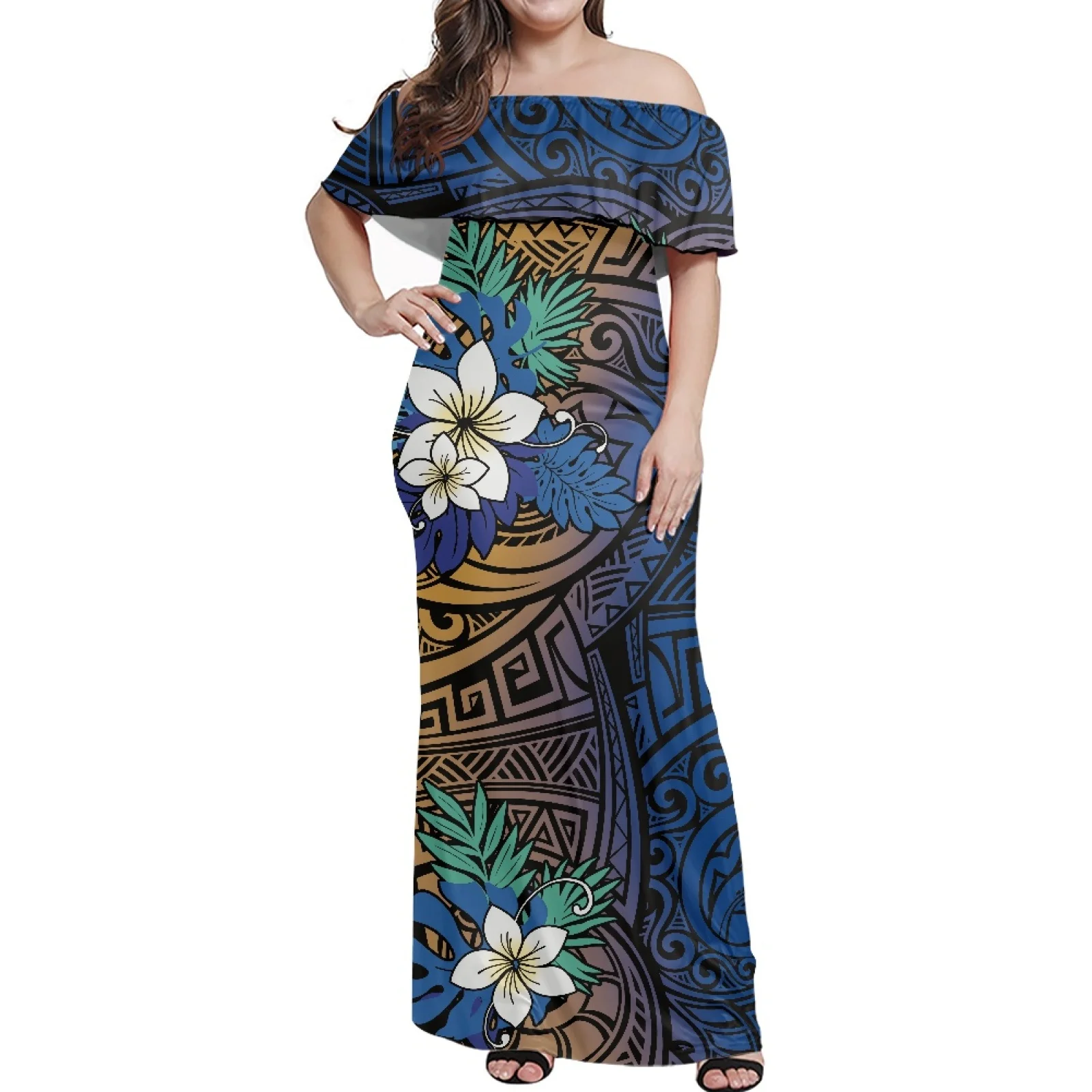 

Polynesian Tribal Fijian Totem Tattoo Dress, High Quality, HD Floral Pattern, Black-White Dress, Tight, Off-Shoulder, No Minimum