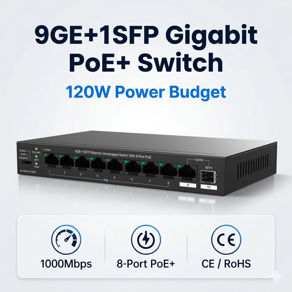 10포트 기가비트 PoE 스위치 120W 8 PoE+ 포트 1000Mbps SFP 업링크 250m 확장 VLAN 분리 6kV 서지 보호 (IP 카메라, AP용)