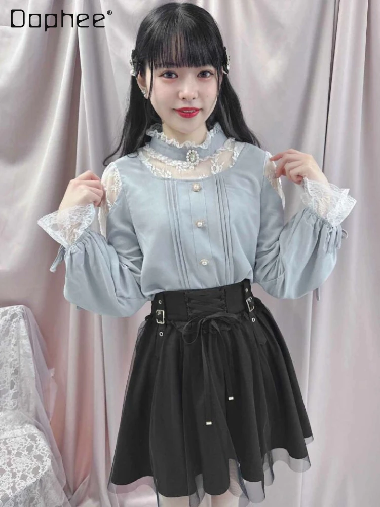 Japanese Lolita Sling Collar Bow Doll Collar Blouse Girl Student 2023 New Autumn Sweet Woman's Long Sleeve Ruffled Lace Shirt