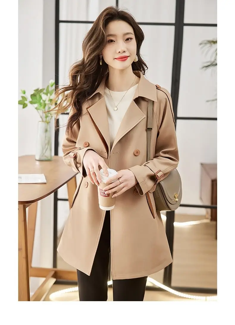 Solid Mid length Trench for Women Fall Winter 2023 New Vintage Turn Down Collar Long Sleeve Jacket Loose Double Breasted Coat
