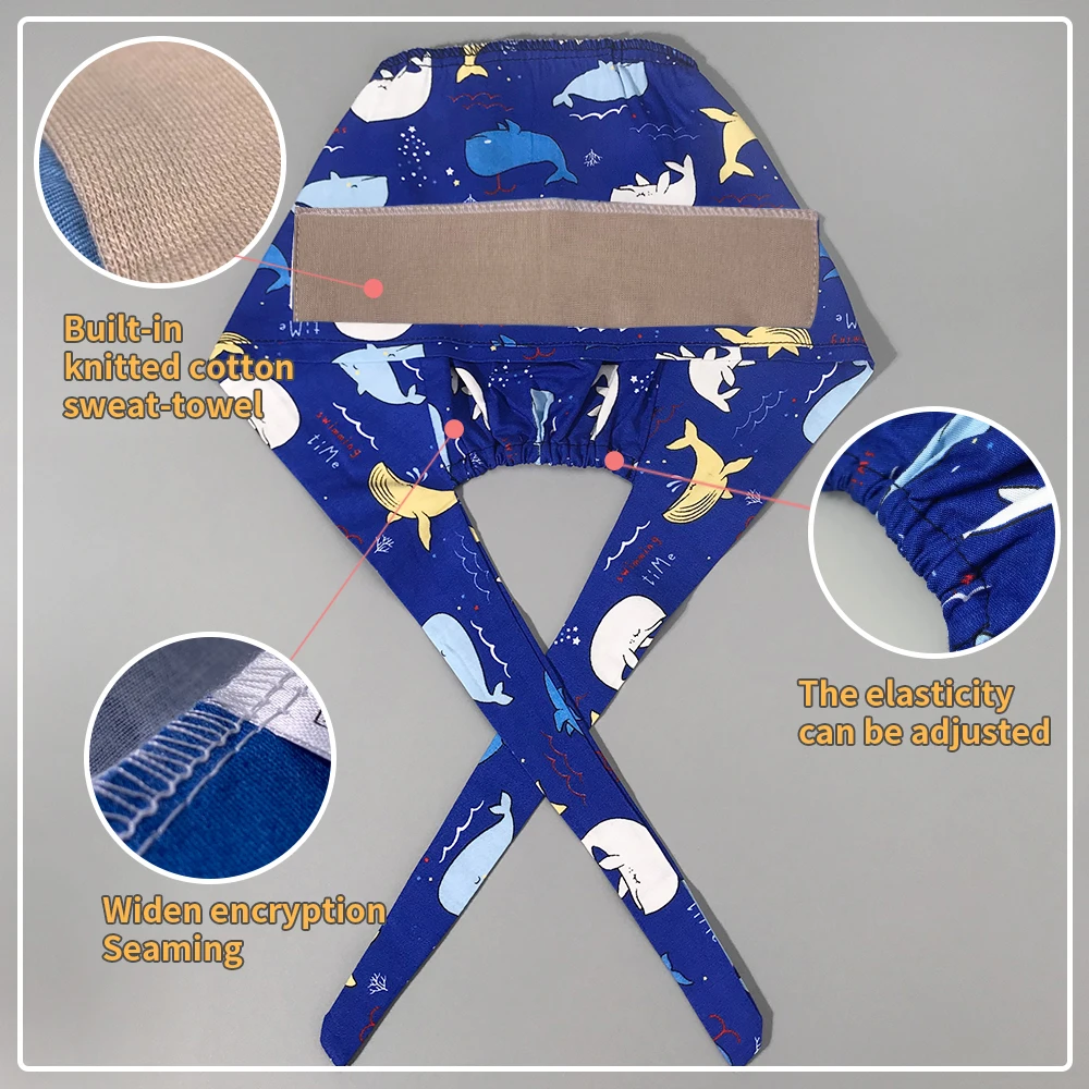 Unisex Cartoons Floral Printing Breathable Surgical Cap Beautician Scrub Cap Doctor Hat Adjustable Cotton Nurse Accessories