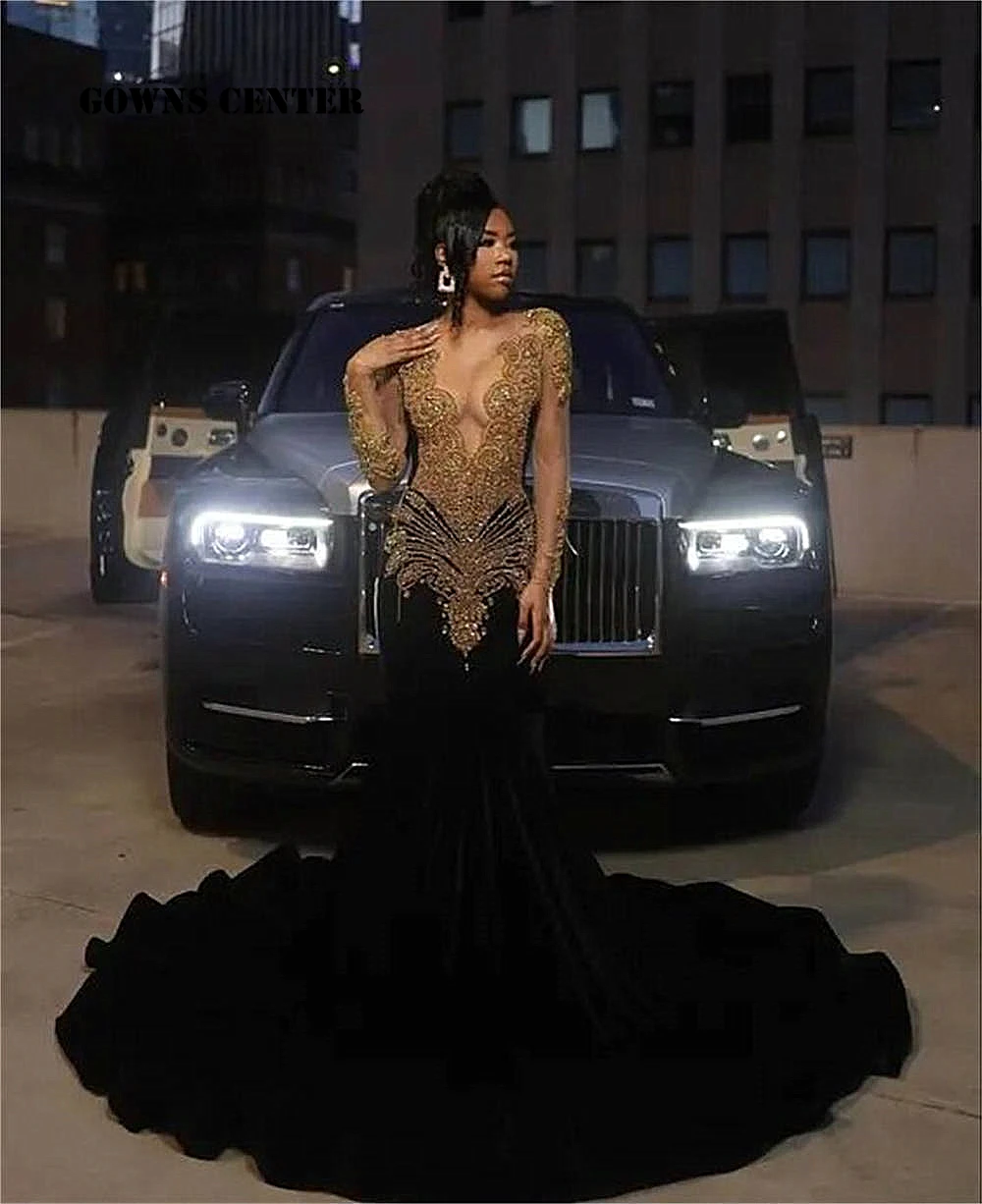 Chic Black Mermaid Prom Dresses Luxury Gold Crystal Beading Long Sleeve Elegant Evening Party Dress Black Girls Customized