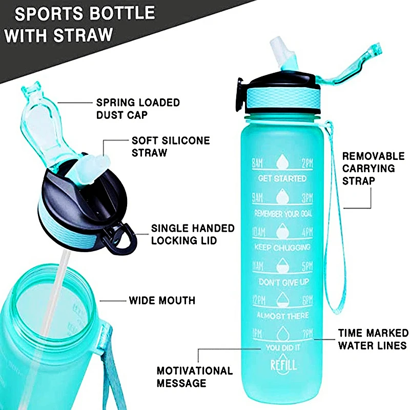  Botella de agua deportiva grande de 2 litros con sello de  tiempo portátil a prueba de fugas, sin BPA, no tóxica, con pajita (verde  morado, B-Mate) : Deportes y Actividades al