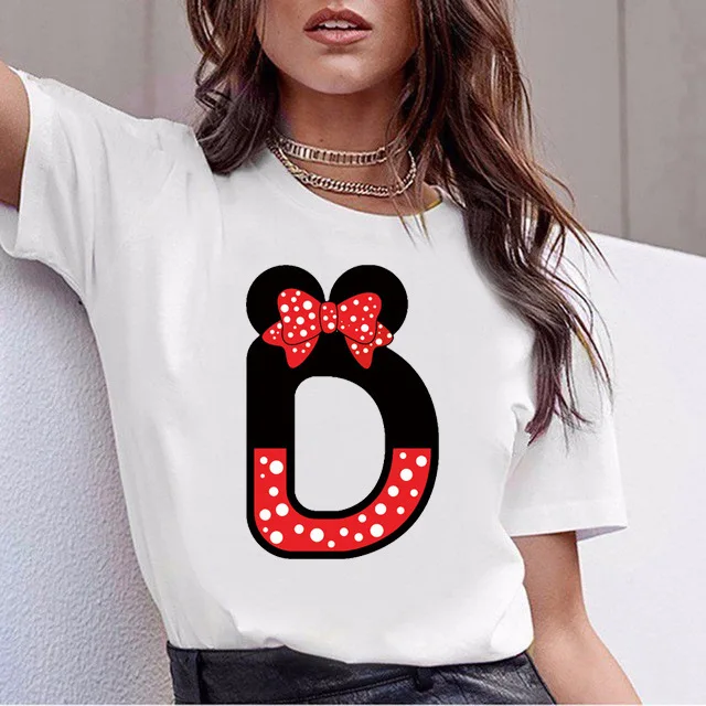 

Disney Kawaii Mickey Mouse ABCDED Letters Graphic Women T-Shirt Cute Summer Blouse Loose White O-Neck Tees Short Sleeve Kids Top