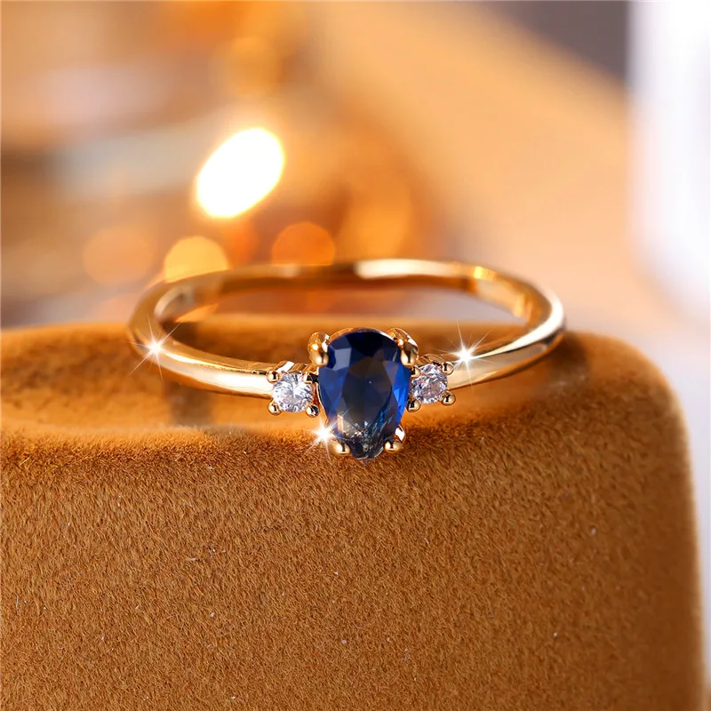 Luxury Female Small Blue Water Drop Zircon Stone Engagement Ring Trendy Gold Color Bride Wedding Jewelry Gift For Women