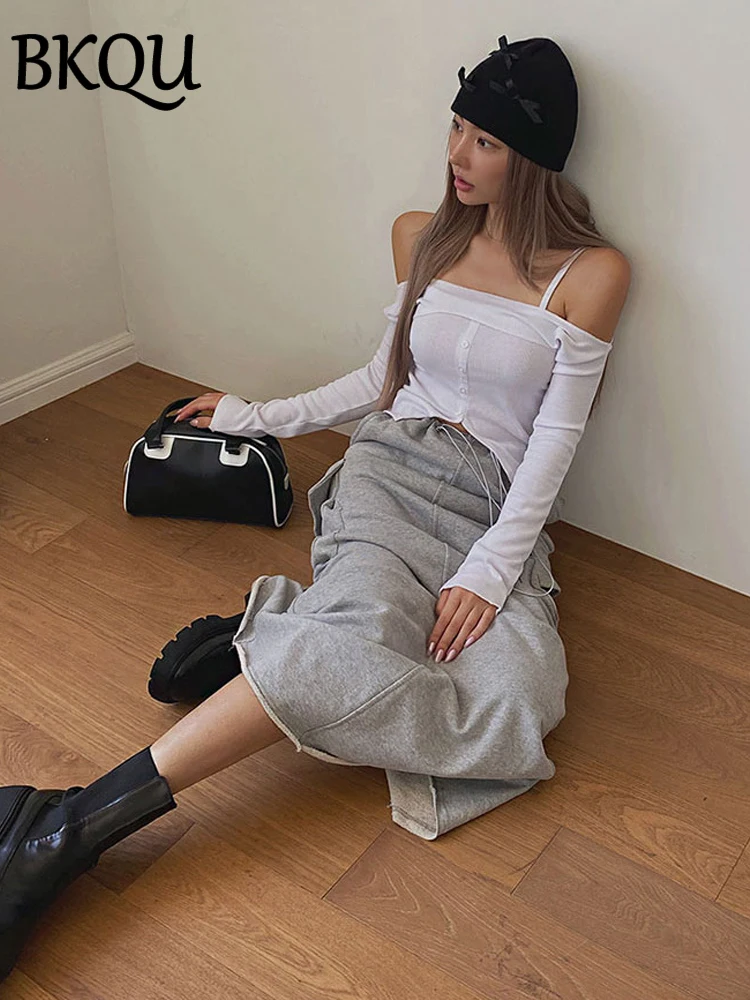 BKQU Pockets Adjustable Drawstring Split Long Skirt Women