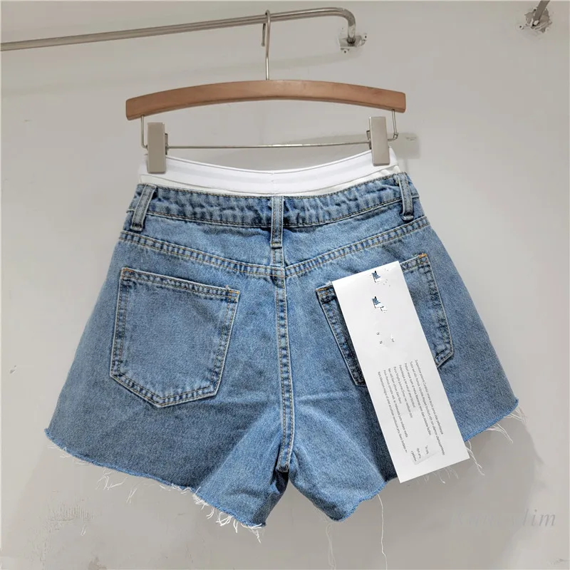 Frayed Fake Two Pieces Leisure High Waist Super Short Shorts for Women 2024 Summer New Color Contrast Patchwork Denim Hot Pants