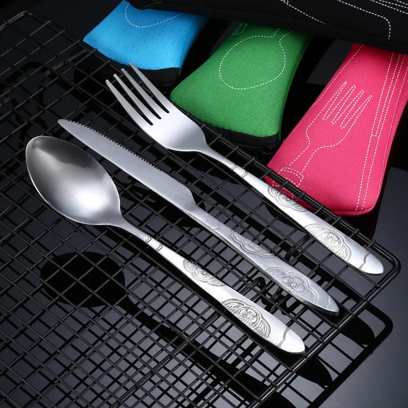 Cutlery Set 7Pcs/3Pcs Portable Printed Knifes Fork Spoon Stainless Steel Family Camping Steak Cutlery Tableware with Bag