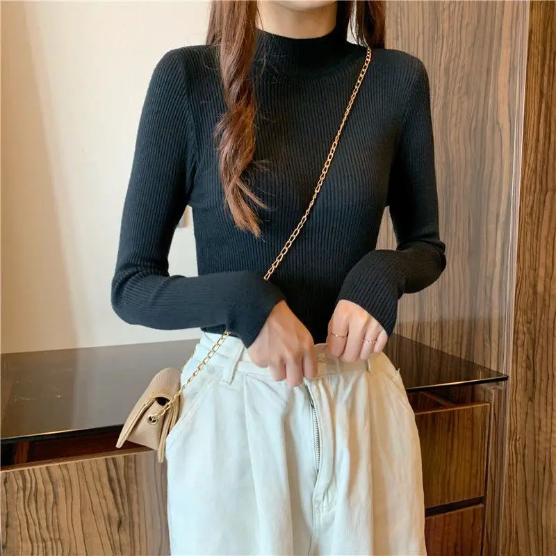 Autumn Mock Collar Long Sleeve Skinny Elastic Casual Tops Bottoming Sweater Women Basics Knitted Shirts Warm Knitwear Pullovers