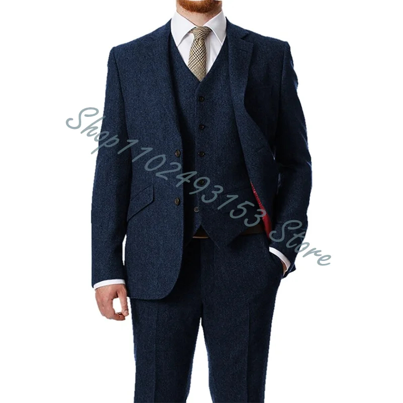 Brown Men's Vintage Suits 3 Pieces Latest Coat Designs Herringbone Tweed Tuxedos Winter Formal Wedding Suits Trajes De Hombre