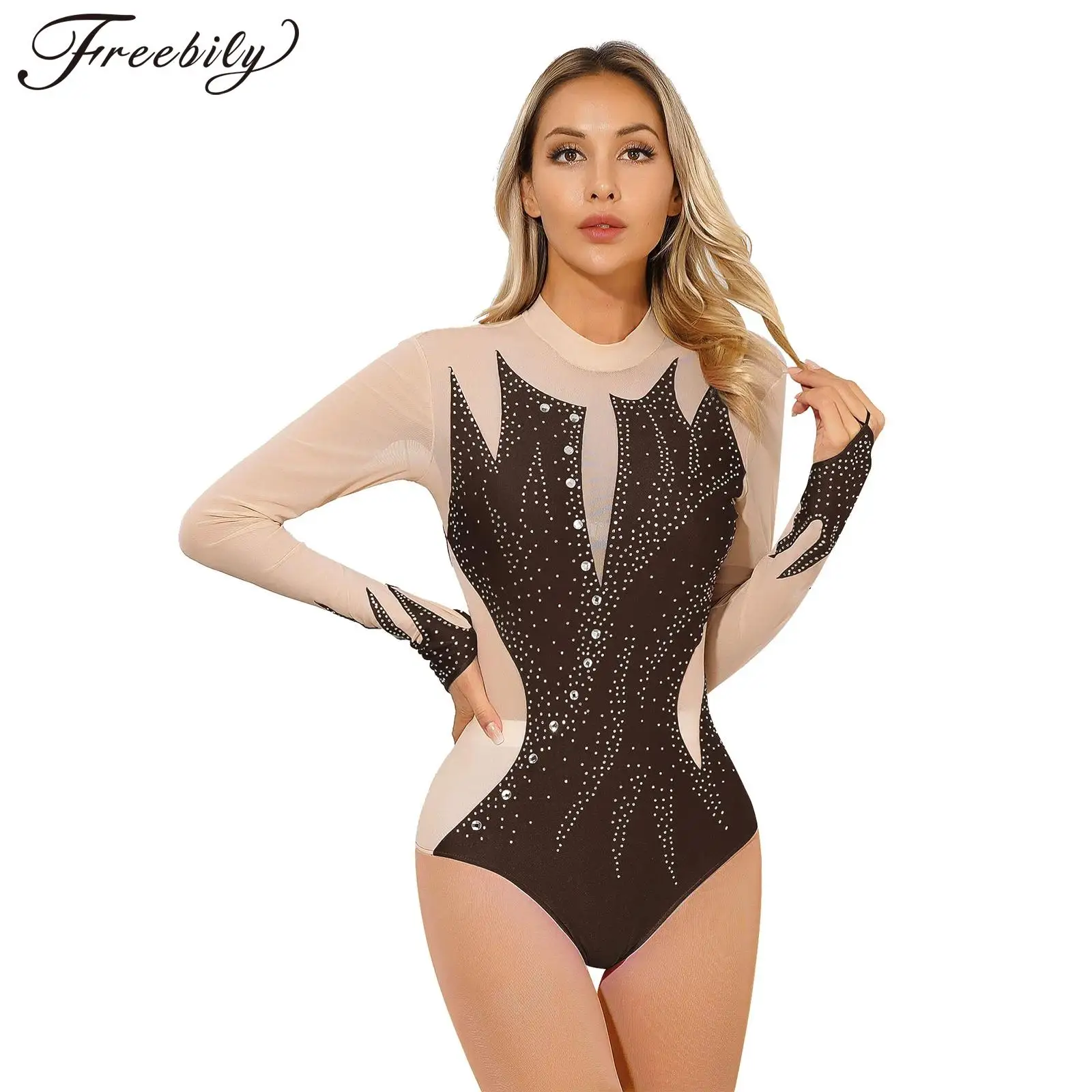 

Womens Glittery Rhinestone Ballet Dance Leotard Long Sleeve Gymnastics Jumpsuits Sheer Mesh Patchwork Figure Skating Bodysuit