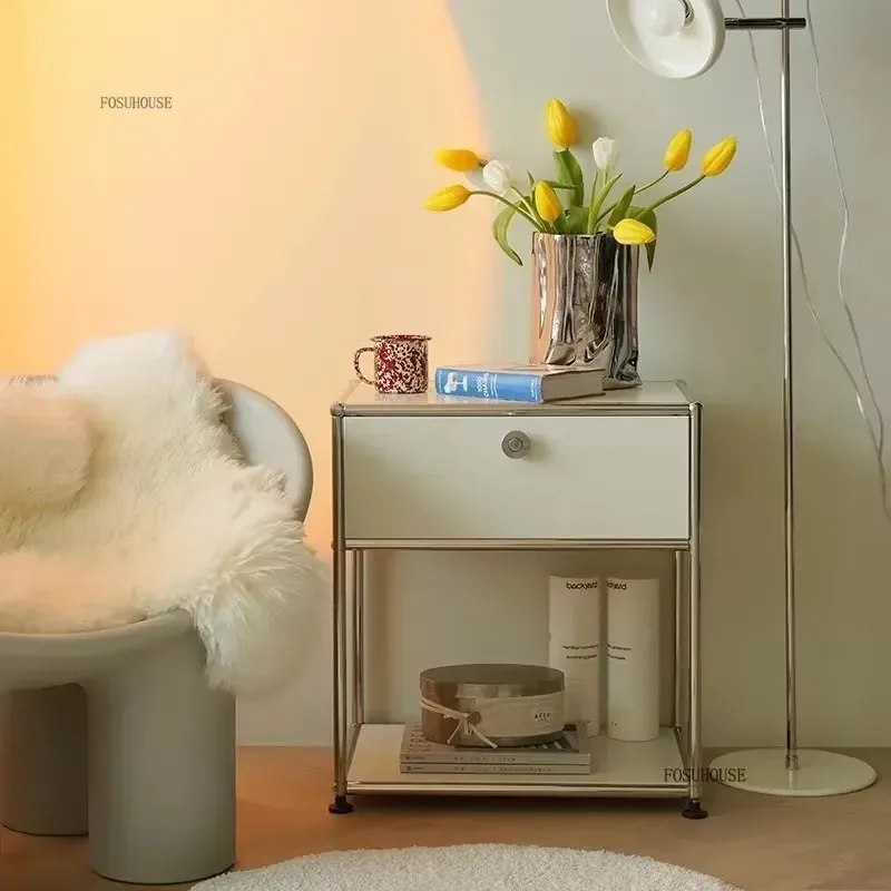 Modern Minimalist Nightstand Medieval Bedroom Furniture Module Storage TV Side Cabinet Stainless Steel Frame Bedside Table g
