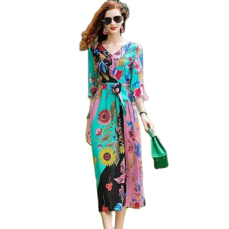 

Silk Printed Fashion Casual Dress Female 2023 SummerV-neck New Waist Slim Imitation Mulberry Silk Temperament Long Skirt Womn's