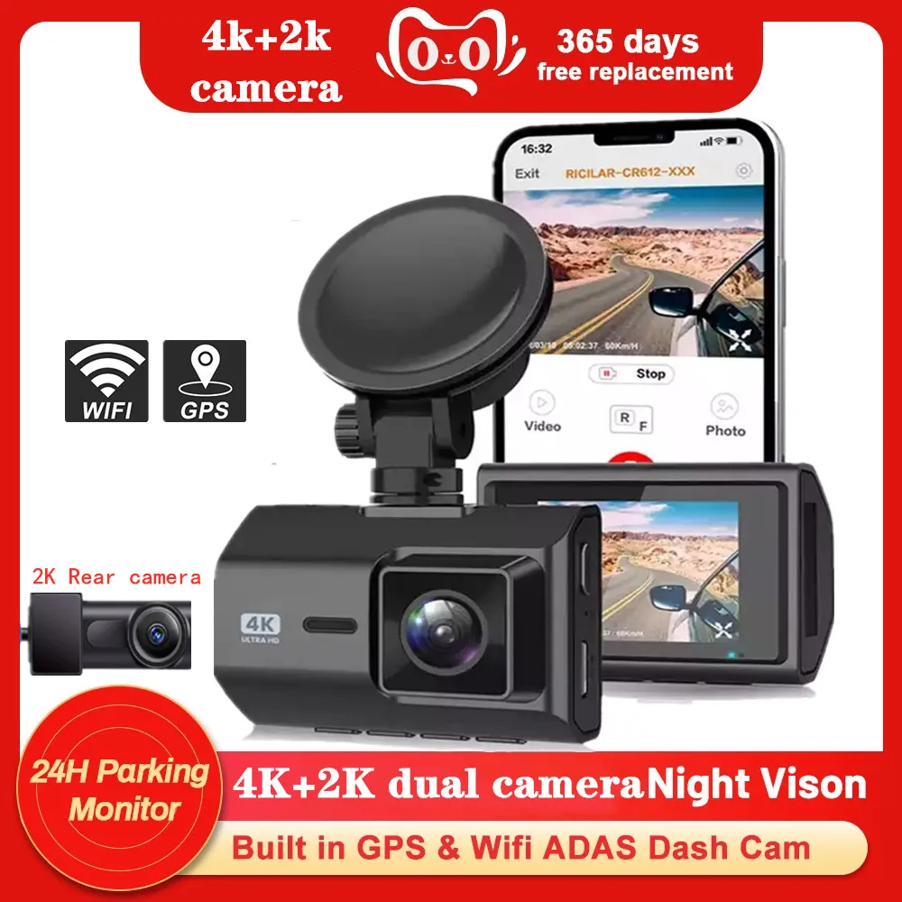 

Dash Cam Dual Lens 4k+2k Uhd Recording Car Camera Dvr Night Vision Wdr Built-in Gps Wi-fi G-motion Detection Sensor