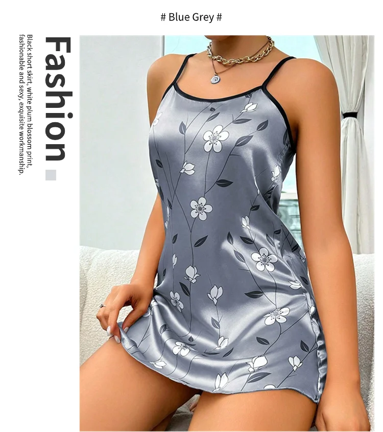 Damen Nachthemd Satin Blumen druck Nachthemd bequemes Spaghetti träger Nachtwäsche Kleid luxuriöses Satin Slip Nachthemd – Detail 8