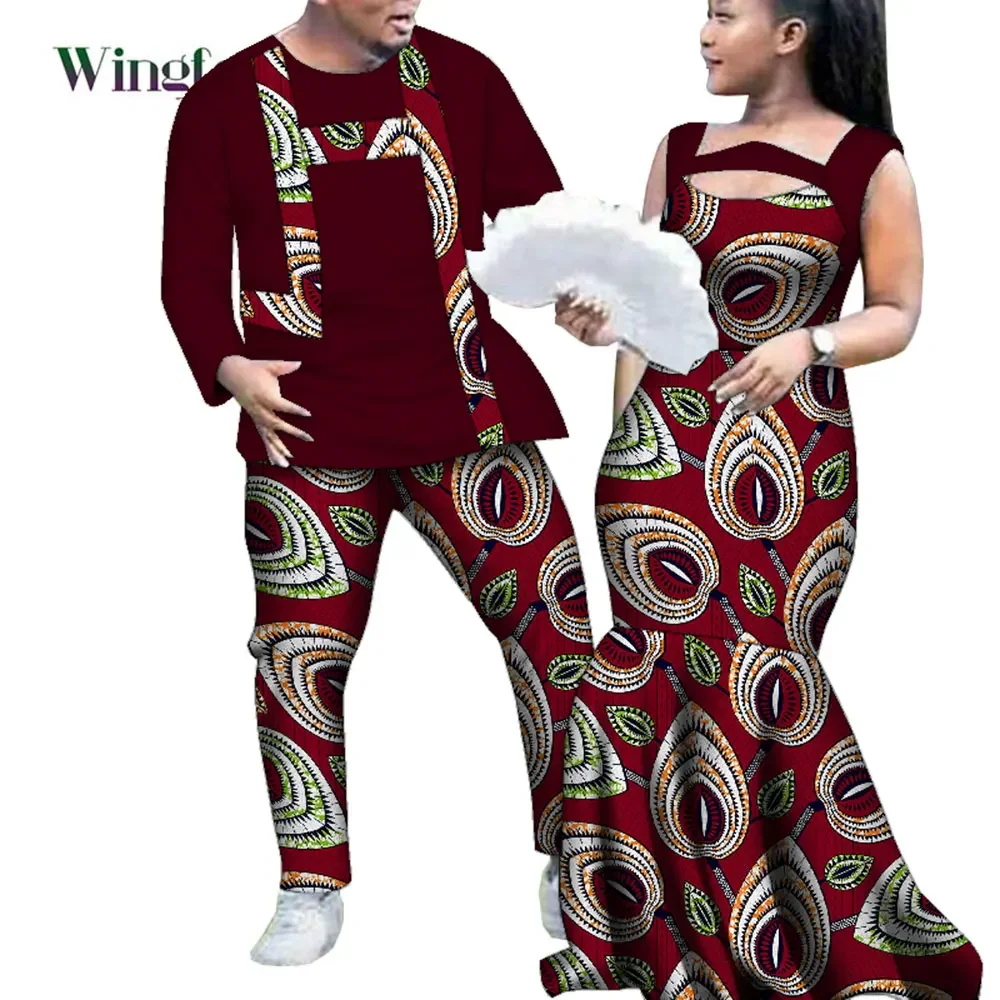

Африканская одежда для пары Анкары с цветочным принтом женские африканские Длинные платья и Дашики мужской костюм модный костюм для влюбленных WYQ783