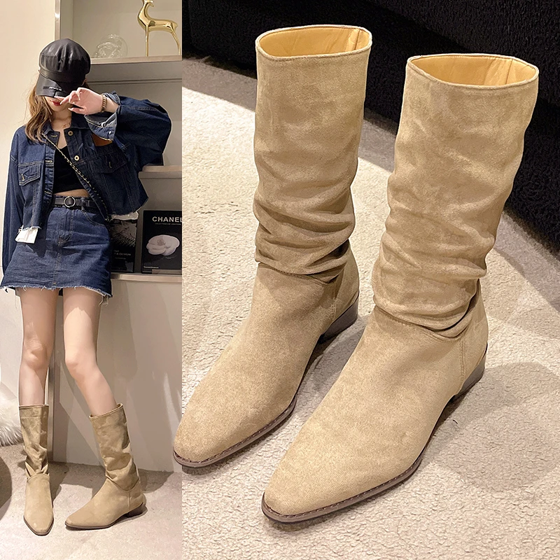 

Women's Mid Length Boots with Thick Heels, 2023 New Autumn/winter Pointed Suede Knight Boots