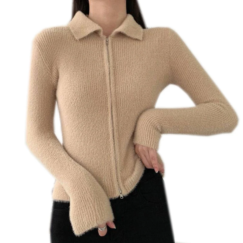 

Artificial Mink Cashmere Cardigan Hot Sale Autumn Winter Women Warm Sweater Tops Zippers Polo Basic Coats Female Jacket KZ05