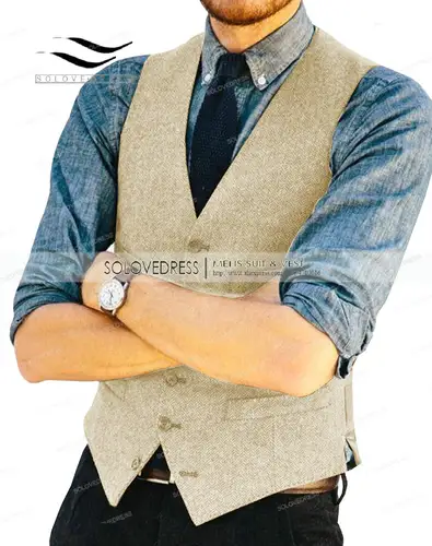 Mens Vests Tweed Herringbone Slim Fit Fashion Men's Suits Vests For Jacket Groomsmen  Waistcoat For Wedding - Image 7