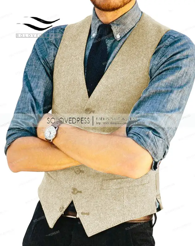 Mens Vests Tweed Herringbone Slim Fit Fashion Men's Suits Vests For Jacket Groomsmen  Waistcoat For Wedding - Image 7