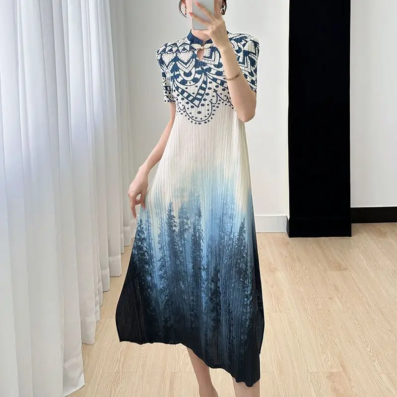 

New Chinese style improved version cheongsam short sleeved dress women 2023 summer design sense short sleeve printed dress