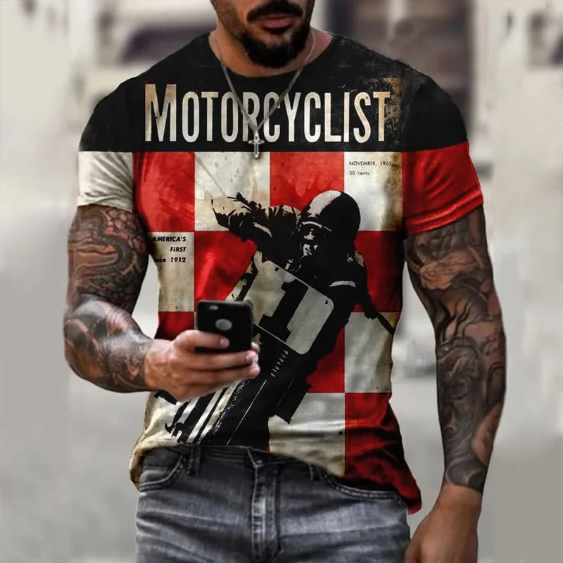 

2024 Men's T-shirt Large Retro Short Sleeve Summer Fashion Loose T-shirt Motorcycle Print T-shirt Casual Men's Wear Men Clothing