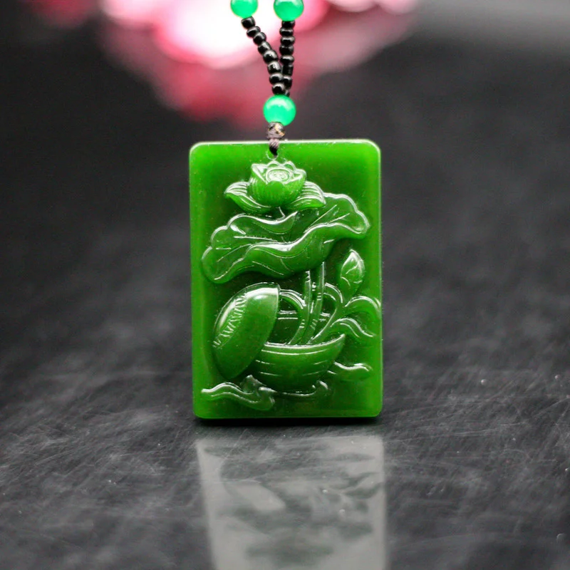 

Hetian Green Jade Lotus Pendant Necklace Natural Jadeite Chinese Hand-Carved Fashion Charm Jewellery Amulet Gifts for Women Men