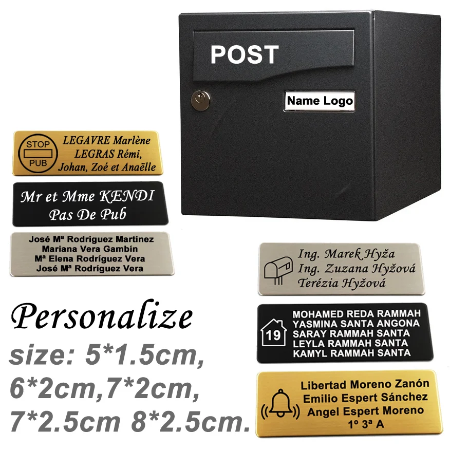 Plaque adhésive pour boîte aux lettres, Badge nominatif, texte personnalisé, Logo, taille 6x2 7x2 7x2.5cm, étiquette gravée en acier inoxydable pour boîte aux lettres