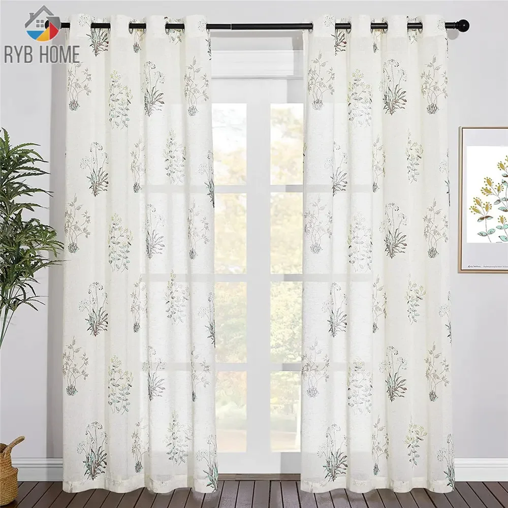 

RYB HOME 1pc Plant Print on Linen-textured Semi-sheer Curtains for Porch Exterior Voile Curtains for Living Room Luxury European