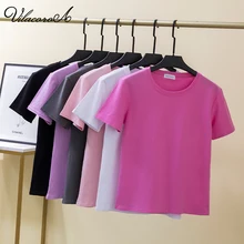 

Vilacoroa Crew Neck Short Sleeve T-Shirt Women 100% Cotton Tops Summer Solid Slim Tees Top Basic All-Match White Tshirt Female
