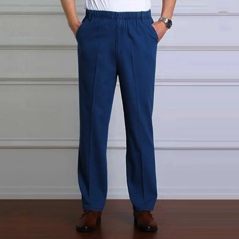

Men Soft Pants Mid-aged Father's Slim Fit Elastic Waist Jeans with High Waist Pockets Ankle-length Design for Casual Comfort Men