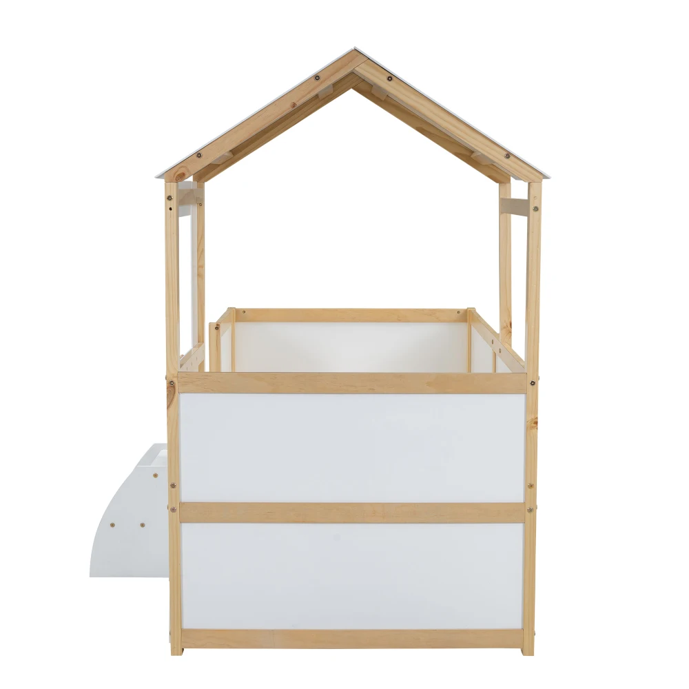 90 x 200 cm großes Schlafzimmer-Halbhochbett, Hausbett mit Dach und Fenster, vierseitiger Zaun, mit 4 Schubladen und kleinen Treppen, Weiß + Natur – Detail 20